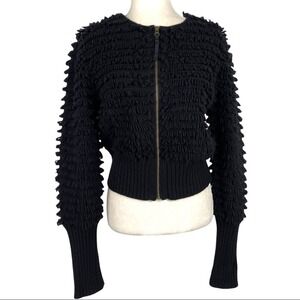 JMM Cropped Black Full Zip Shaggy Wool Angora Fringe Jacket Coat Size Large